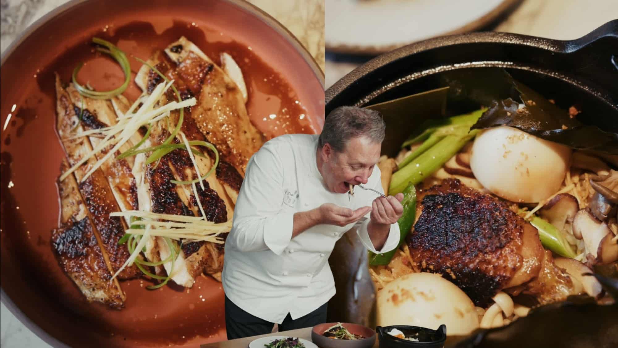 Chef Ross Lusted tasting wood-fired Aurum Cockerel, with grilled breast and kombu rice with mushrooms and duck egg